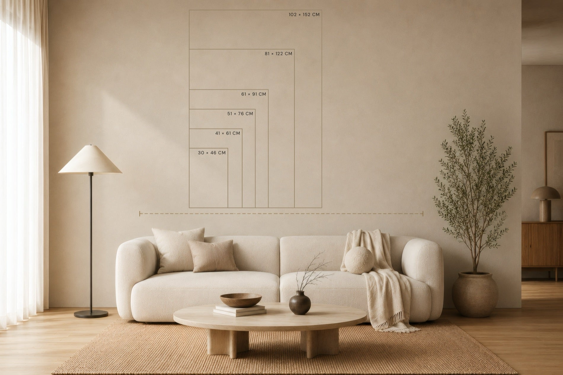 Größenvergleich im Raum — Hochformate von 30 × 46 cm bis 102 × 152 cm